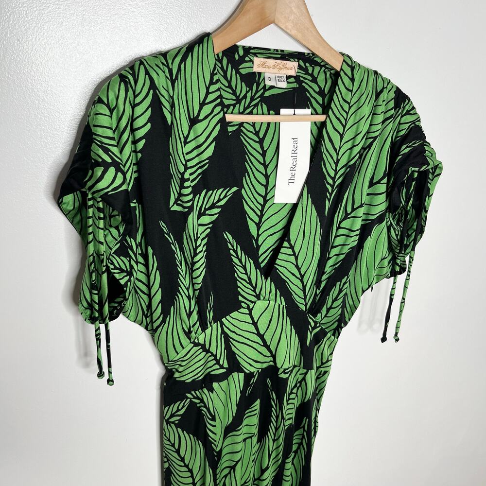 Mara Hoffman Womens 100% Silk Dress Small Black Green Tropical Leaf Print V Neck - Picture 3 of 9